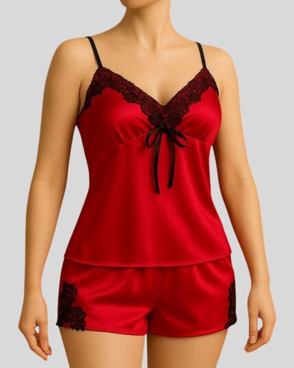 Red Satin Lace Pajama Set for Women