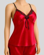 Red Satin Lace Pajama Set for Women - Image 2